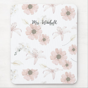 Personalised Custom Name Teacher Pink flowers Mouse Mat