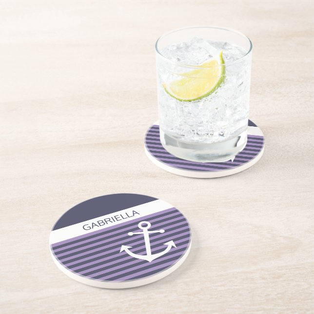 Personalised Custom Nautical Violet Purple Stripe Coaster (Side)