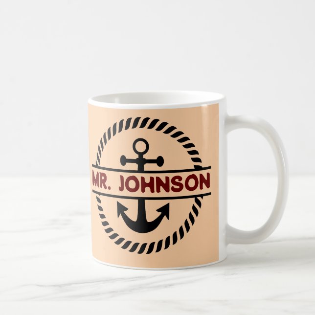 Personalised custom navy blue anchor captain gift coffee mug (Right)