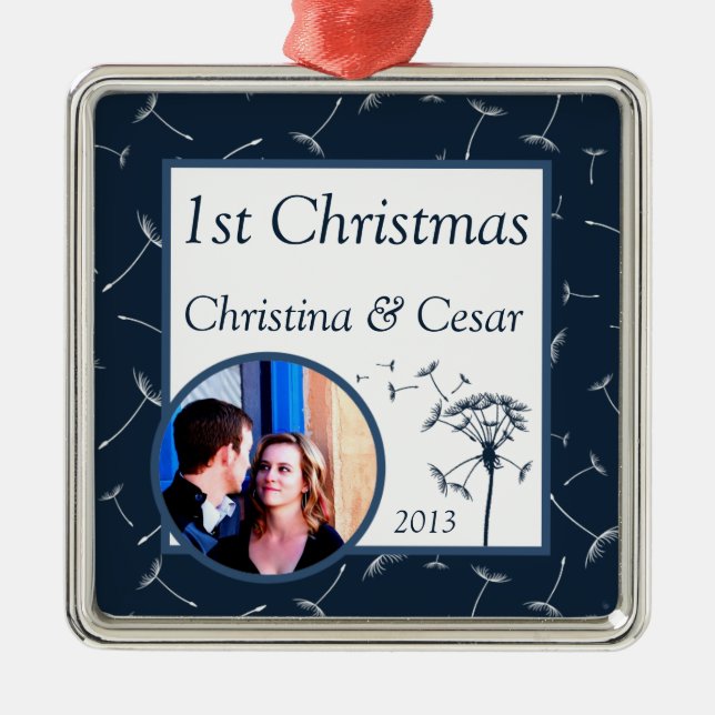 Personalised Custom Navy Blue Dandelion Flower wee Metal Tree Decoration (Front)