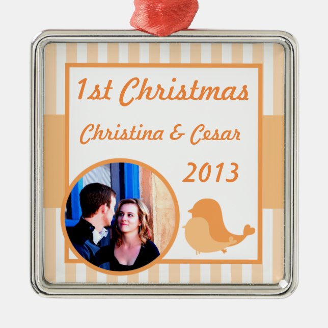 Personalised Custom Ornament Love Birds Peach Stri (Front)