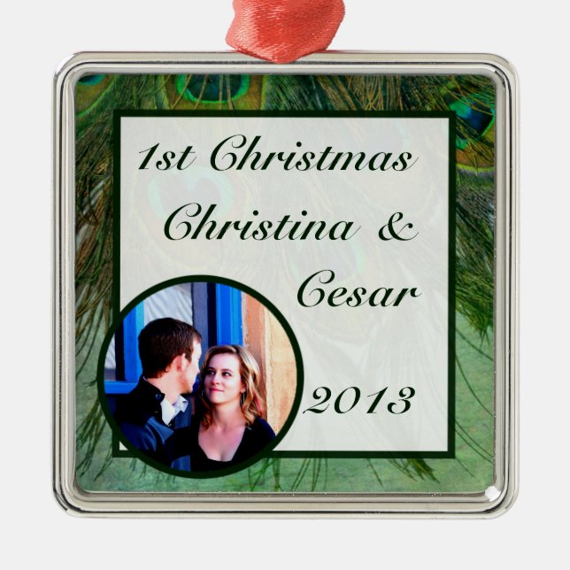 Personalised Custom Ornament Peacock Green Feather (Front)