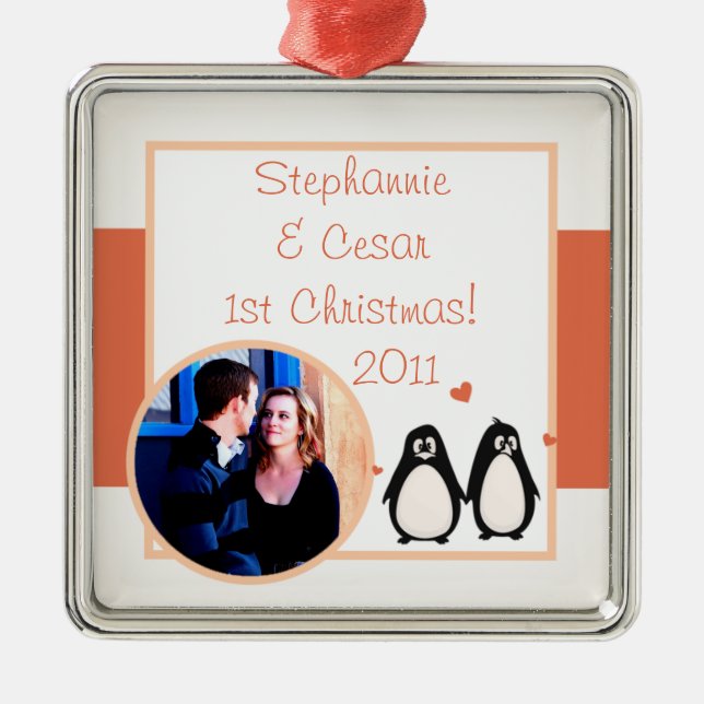 Personalised Custom Ornament Penguin Love/Hearts (Front)