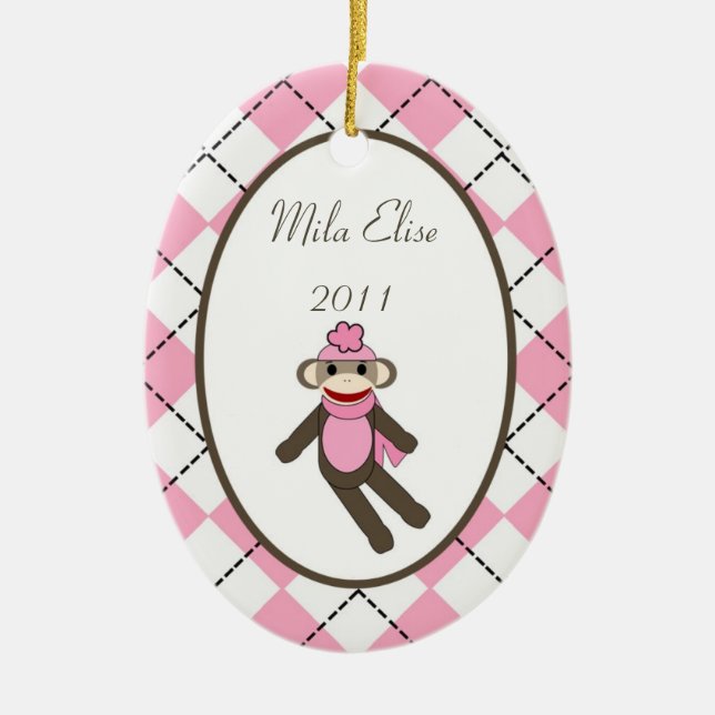 Personalised Custom Ornament Pink Sock Monkey (Front)