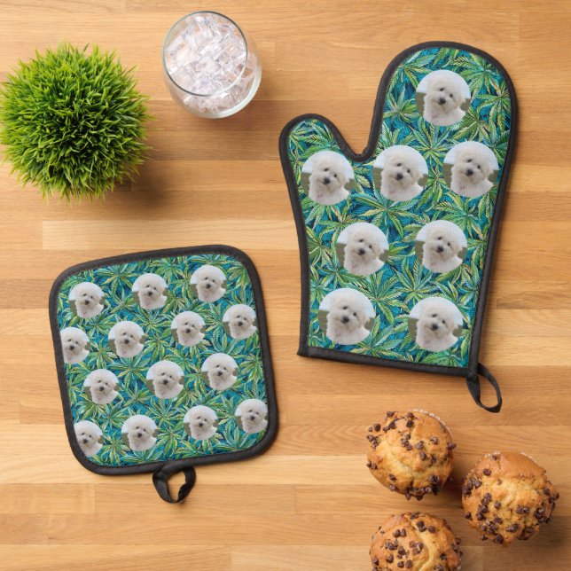Personalised Custom Pet Dog Photo Weed Pattern Oven Mitt & Pot Holder Set (Top Down)