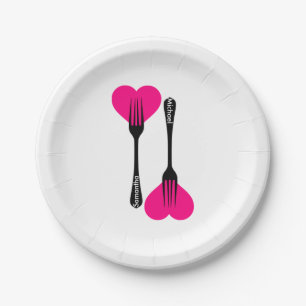 Personalised Custom Pink Heart with Fork Spoon Din Paper Plate