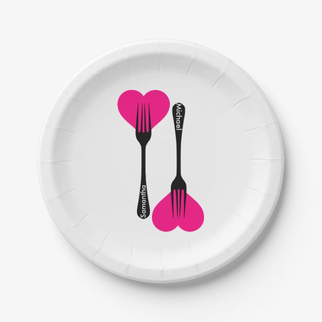 Personalised Custom Pink Heart with Fork Spoon Din Paper Plate (Front)