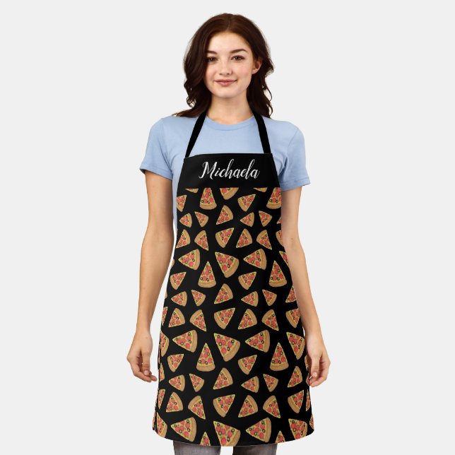 Personalised Custom Pizza Slice Pattern Black Apron (Worn)