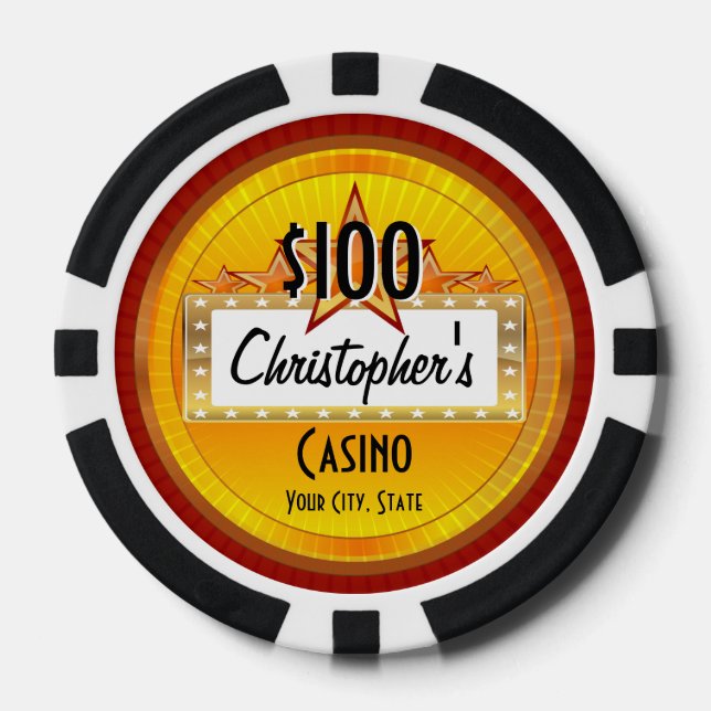 Personalised Custom Poker Chips, Gold/Red Casino Chips (Front)