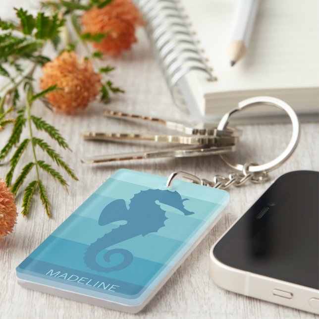 Personalised Custom Teal Blue Seahorse Keychain (Front Right)