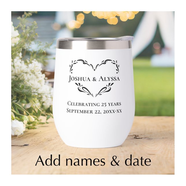 Personalised Custom Text Anniversary Keepsake Gift (Personalize this unique botanical heart insulated cup for a 25th wedding anniversary keepsake gift)