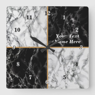 Personalised Custom Text Clock Black White Marble