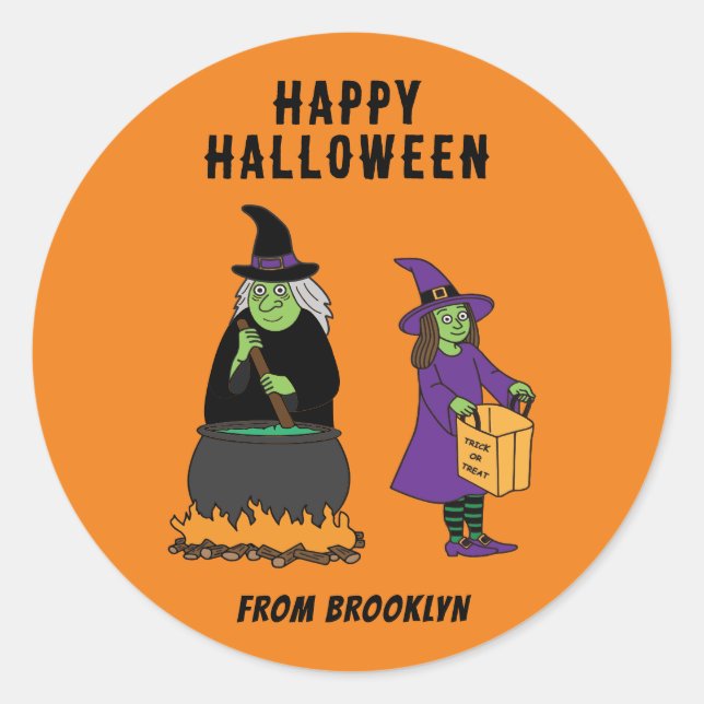 Personalised Custom Text Happy Halloween Witches Classic Round Sticker (Front)