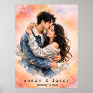 Personalised Custom Watercolor Couple Photo Gift Poster