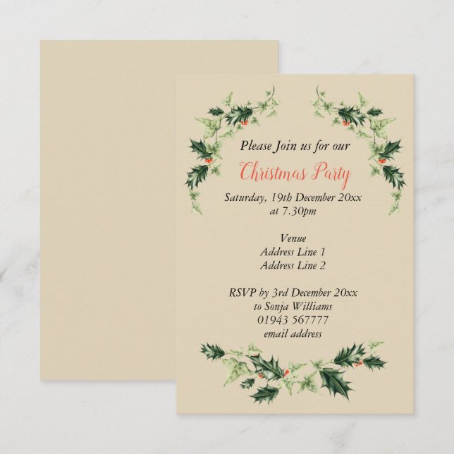 Personalised, Customisable Holly and Ivy Christmas Invitation (Front/Back)