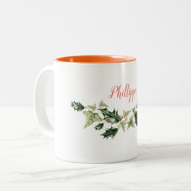 Personalised, Customisable Holly and Ivy Christmas Two-Tone Coffee Mug (Front Left)