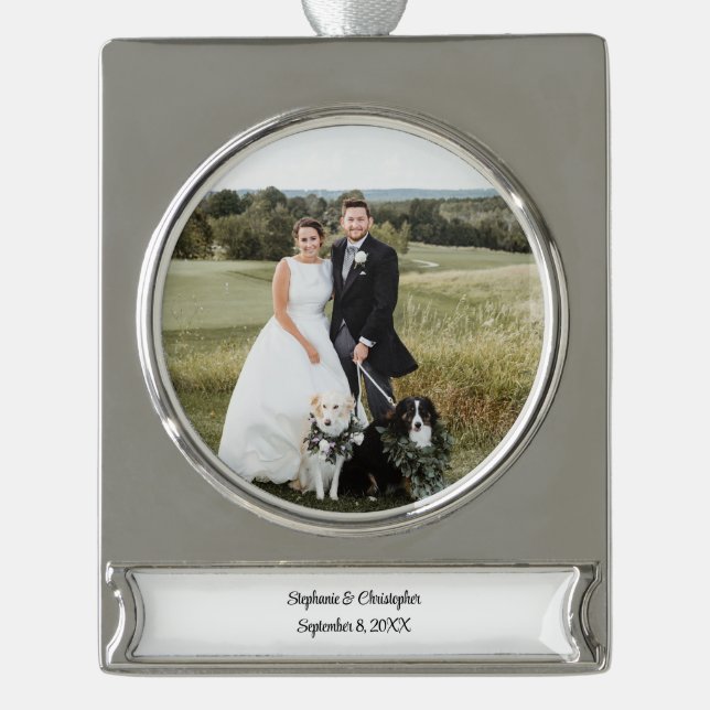 Personalised Customised Wedding Photo Christmas  Silver Plated Banner Ornament (Front)