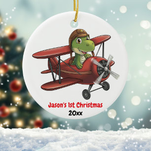 Personalised,Cute Aeroplane dinosaur, 1st Christma Ceramic Tree Decoration