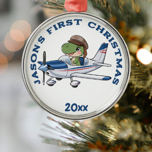 Personalised,Cute Aeroplane dinosaur, 1st Christma Metal Tree Decoration