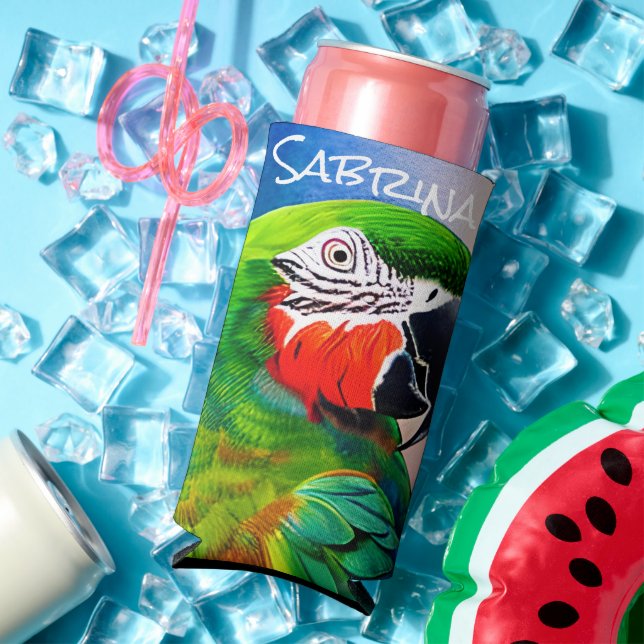 Personalised Cute AI Generated Parrot Seltzer Can Cooler (In Situ Summer)