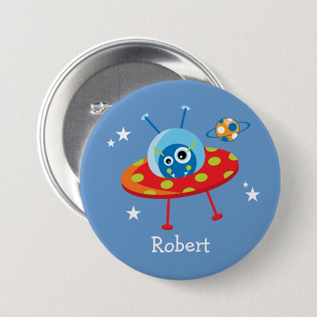 Personalised Cute Alien Spaceship 7.5 Cm Round Badge (Front & Back)
