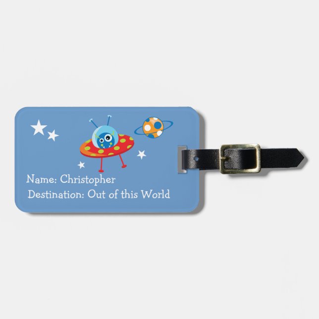 Personalised Cute Alien Spaceship Luggage Tag (Front Horizontal)