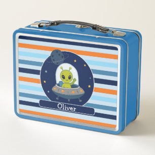 Personalised Cute Alien UFO Space Kids Metal Lunch Box