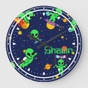 Personalised Cute Aliens in Space Large Clock