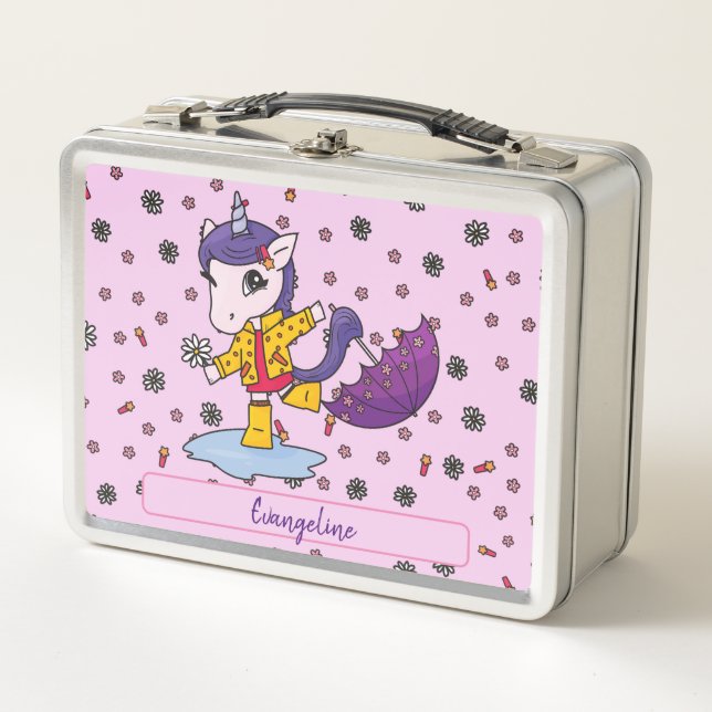 Personalised Cute and Simple Pink Floral Unicorn Metal Lunch Box (Front)
