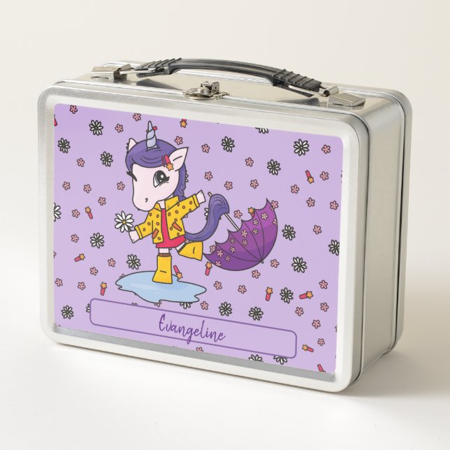 Personalised Cute and Simple Purple Floral Unicorn Metal Lunch Box (Front)