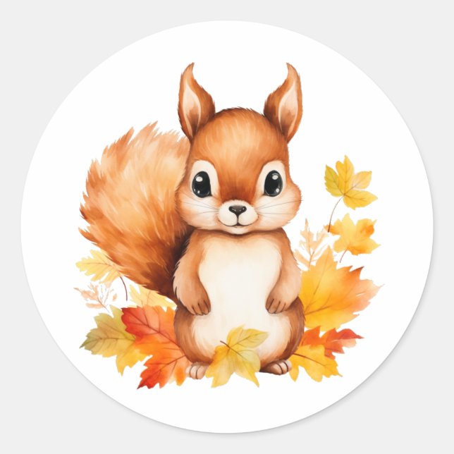 Personalised Cute Animal Squirrel Autumn Leaves  Classic Round Sticker (Front)