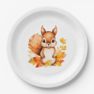 Personalised Cute Animal Squirrel Autumn Leaves Paper Plate