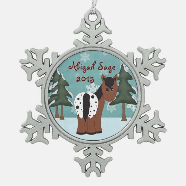 Personalised Cute Appaloosa Horse Winter Holiday Snowflake Pewter Christmas Ornament (Front)