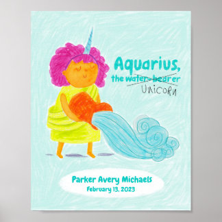 Personalised Cute Aquarius Unicorn Zodiac Poster
