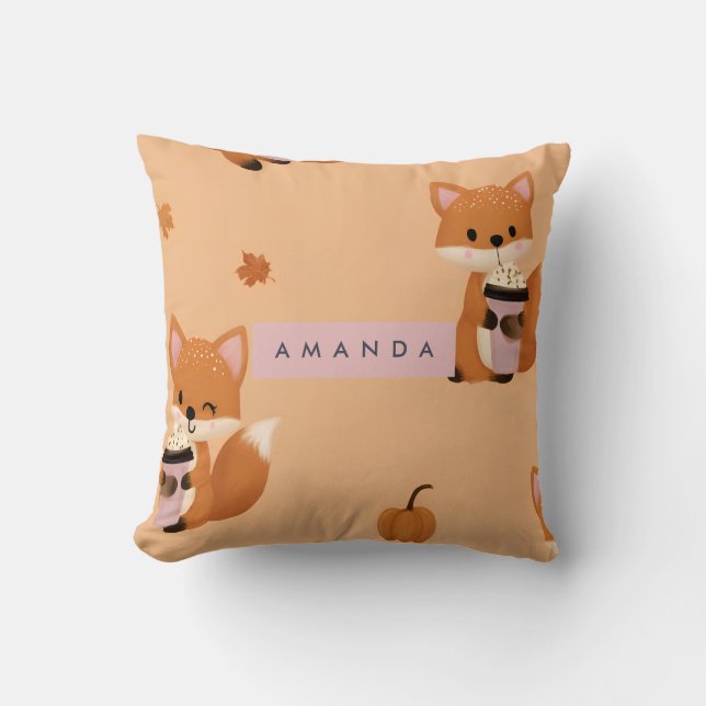 Personalised Cute Autumn Fox with Coffee Pattern  Cushion (Front)