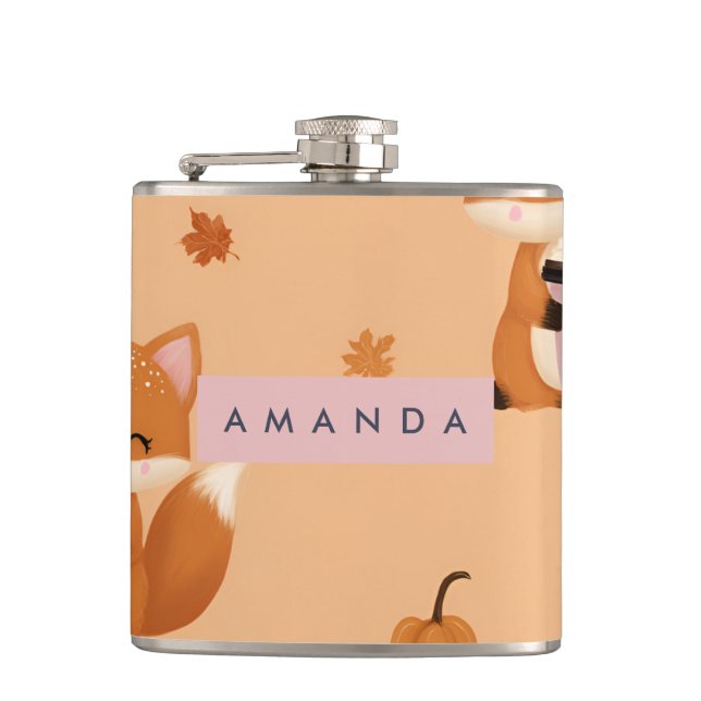 Personalised Cute Autumn Fox with Coffee Pattern  Hip Flask (Front)