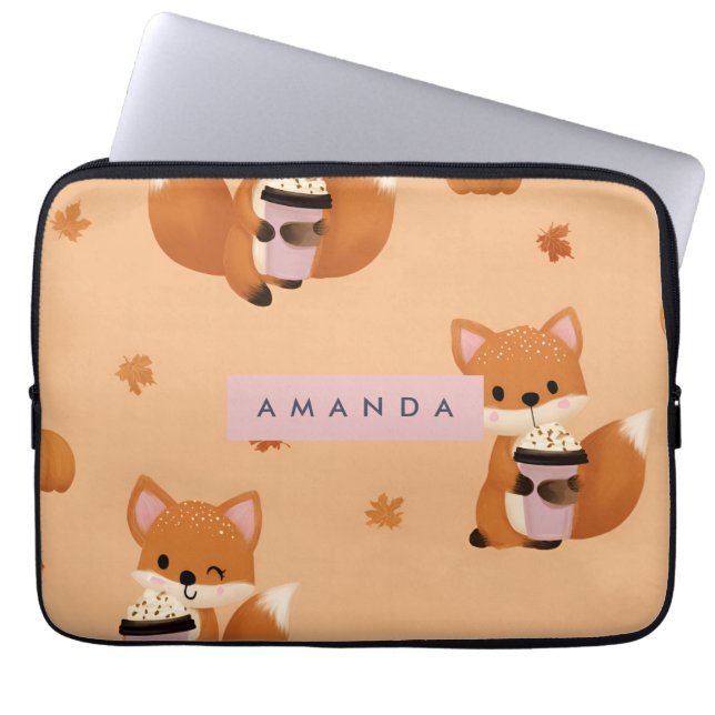 Personalised Cute Autumn Fox with Coffee Pattern  Laptop Sleeve (Front)