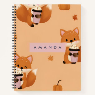 Personalised Cute Autumn Fox with Coffee Pattern  Notebook