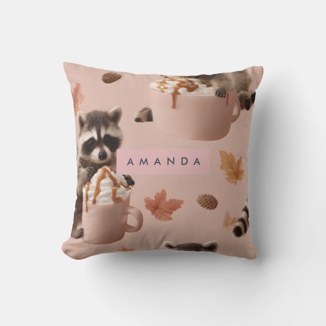 Personalised Cute Autumn Racoon Pattern Cushion (Front)