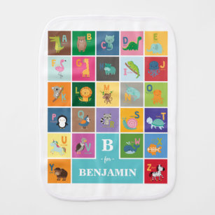 Personalised Cute Baby Animal Alphabet ABC Letters Burp Cloth