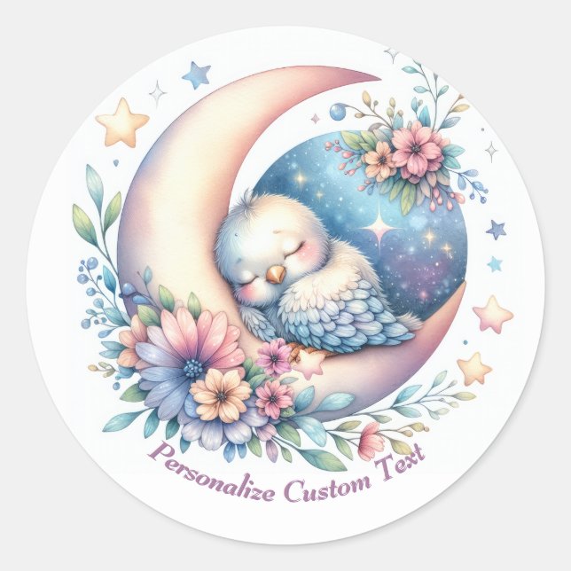Personalised Cute Baby Bird Sleeping on Moon Classic Round Sticker (Front)