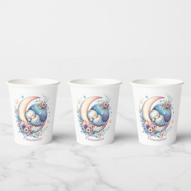 Personalised Cute Baby Bird Sleeping on Moon Paper Cups (Multi)