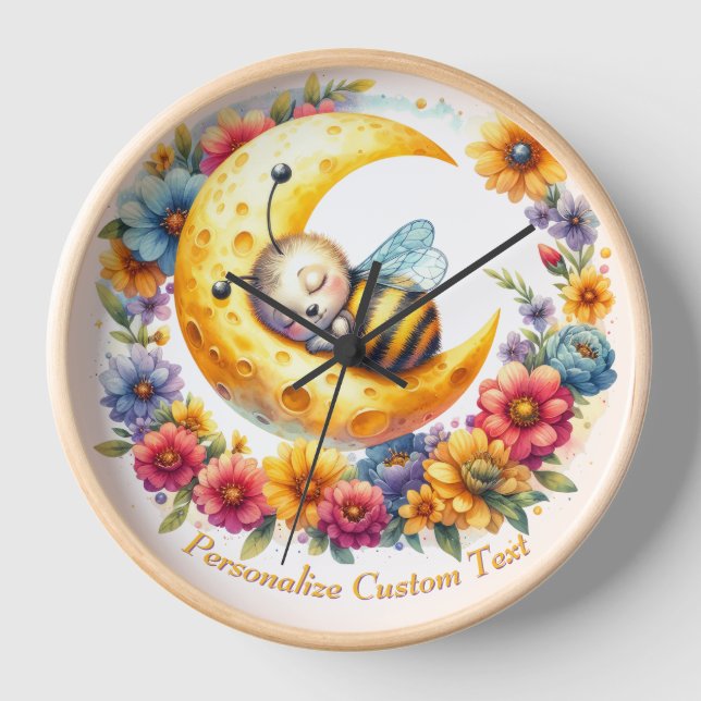 Personalised Cute Baby Bumble Bee Sleeping on Moon Clock (Front)