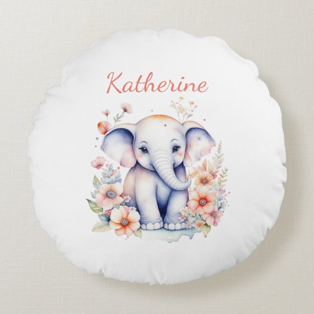 Personalised Cute Baby Elephant Nursery Room  Round Cushion (Front)