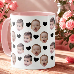Personalised Cute Baby Face 2 Photos Black Heart Mug