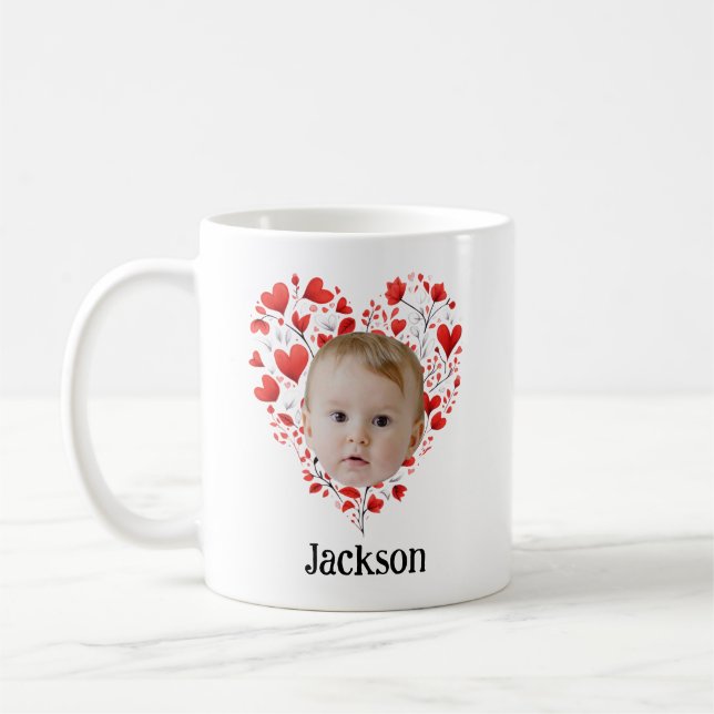 Personalised Cute Baby Face With Heart Pattern Coffee Mug (Left)