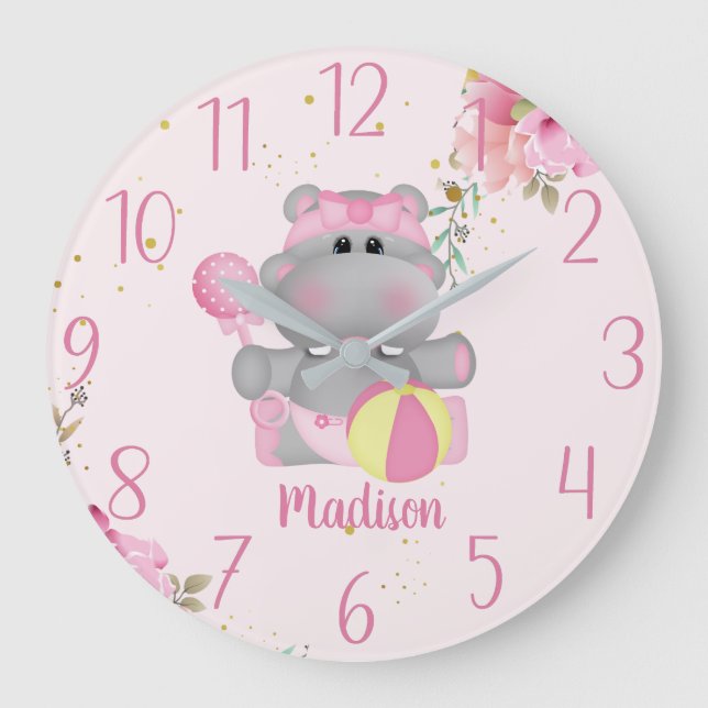 Personalised Cute Baby Hippo Floral Large Clock (Front)