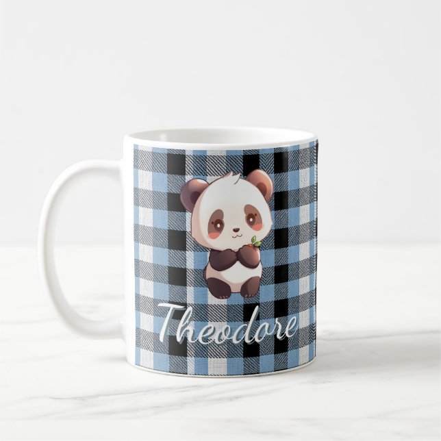 Personalised Cute Baby Panda Blue Plaid Coffee Mug (Left)
