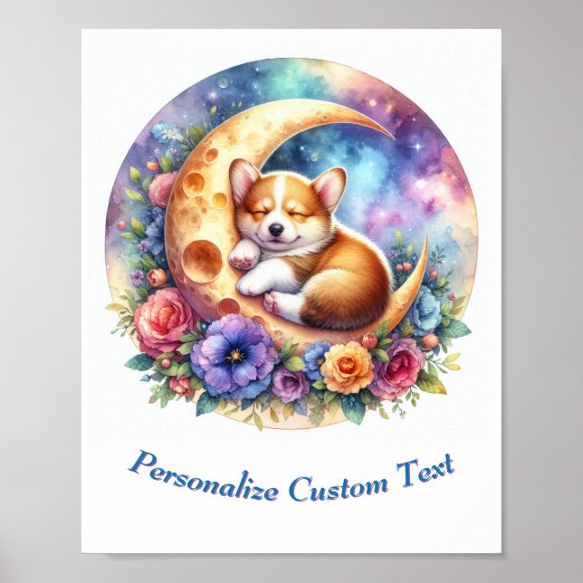 Personalised Cute Baby Puppy Sleeping on Moon Poster (Front)