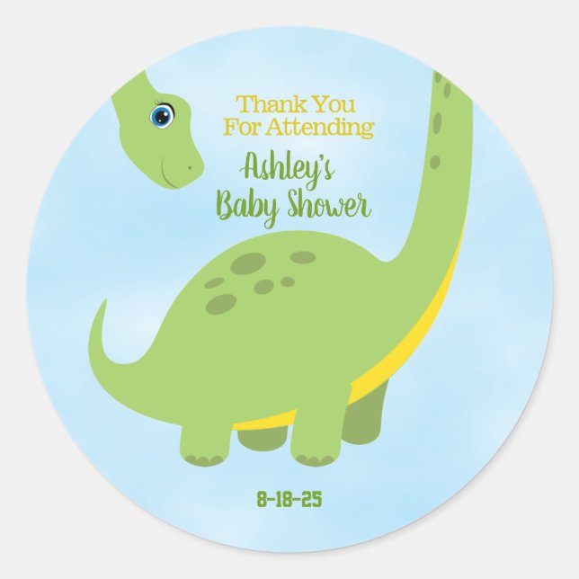 Personalised Cute Baby Shower Dino Thank You   Classic Round Sticker (Front)